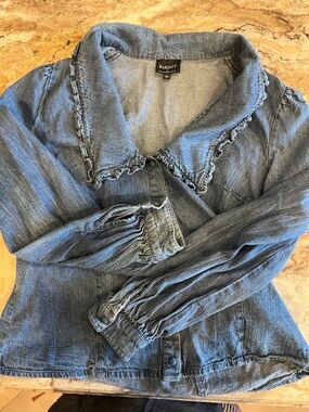 Bardot Washed Blue Ruffle-Trim Denim Jacket
